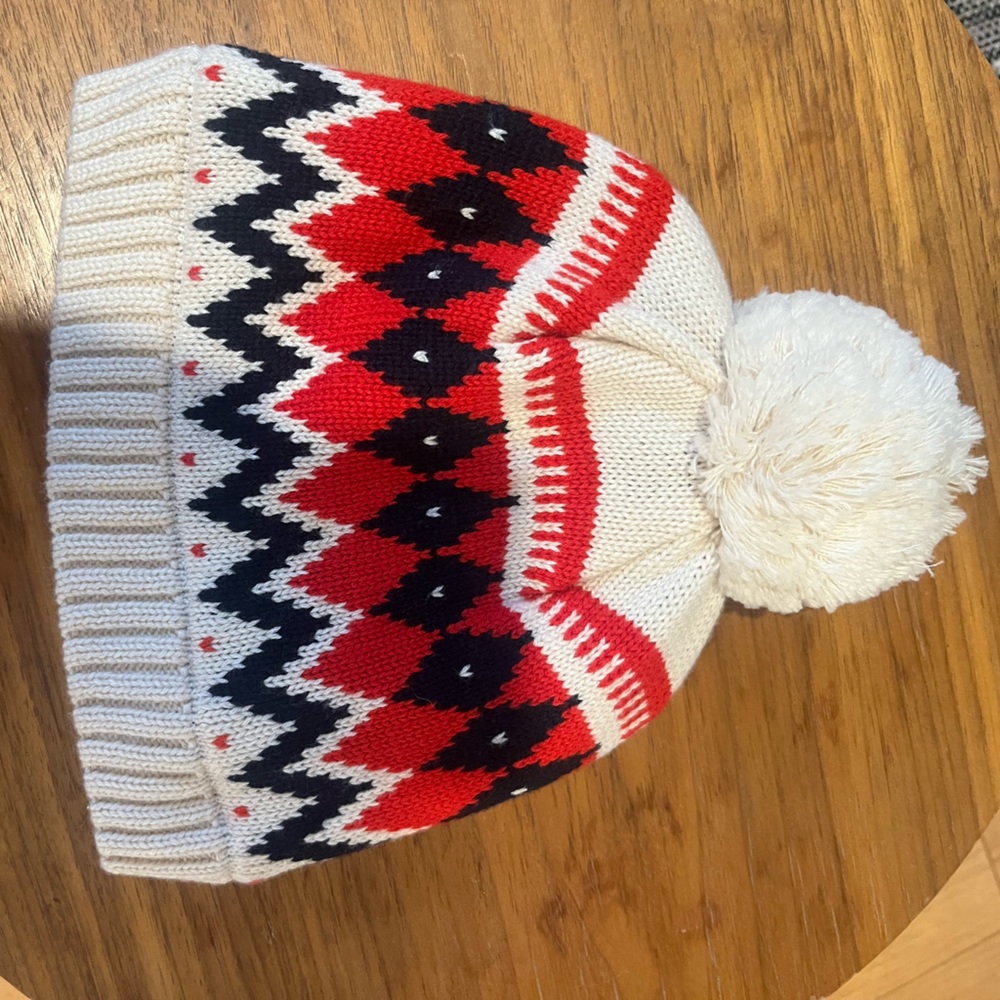 Petit Bateau Cream and Navy Knit Beanie with Pom Pom